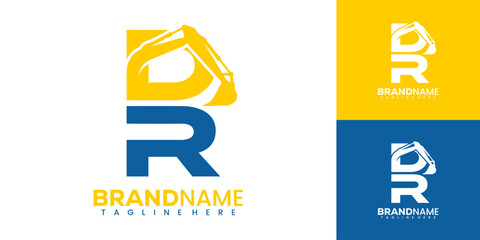 Vector graphic illustration of a modern logo design featuring a stylized letter and excavator with brand name and tagline placeholder text in blue and yellow colors. © Tegar