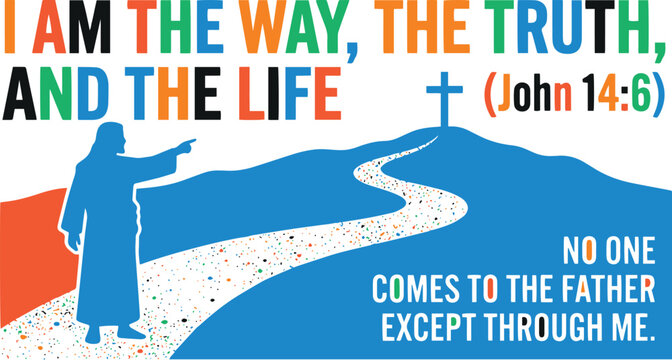Blue and white Christian faith banner featuring John 14:6 scripture quote with ocean path and sunset illustration