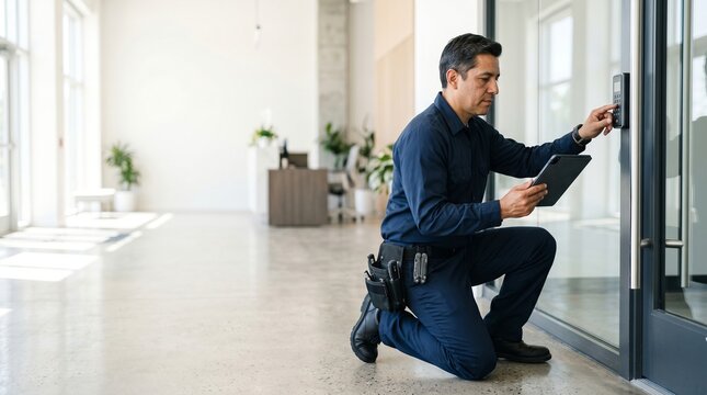 Professional Technician Kneeling at a Glass Door Keypad While Holding a Tablet in a Bright Modern Lobby. Access control installation and security system maintenance in a contemporary commercial