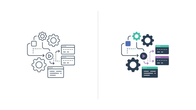 Automated software development workflow icons with gear and play button representing continuous integration and deployment pipelines for modern devops and agile programming environments