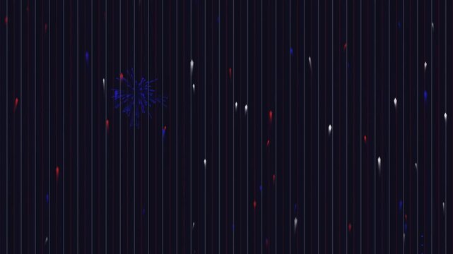 Patriotic dark background animation with red, white, and blue minimalist digital fireworks bursting upwards over a thin vertical striped grid, perfect for American holiday celebration videos
