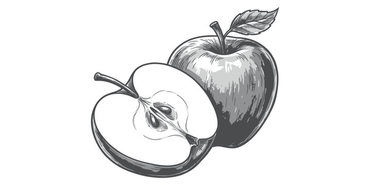 A detailed vector illustration of a whole apple and a sliced apple showcasing its texture and structure in a monochromatic design