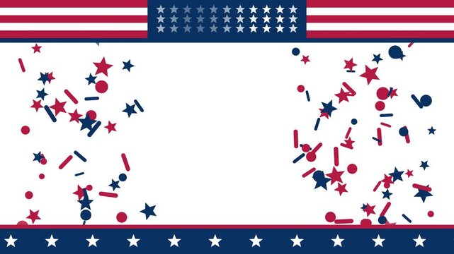 Patriotic USA flag frame animation featuring scattering red and blue star, dot, and line confetti on a white background, creating a festive template with copy space for American holidays