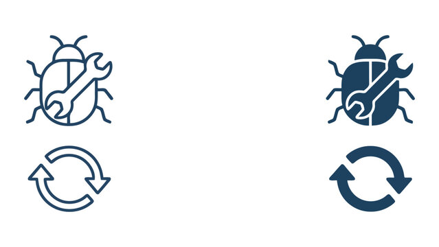 Software bug fixing and update process icon set featuring a beetle with a wrench and circular arrows in flat and outline design styles for web development and technical support troubleshooting