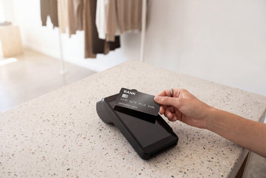 POV looking down of a customer tapping a premium mock-up credit card onto a minimalist payment terminal in a boutique store, representing contactless transactions and modern retail checkout