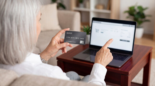 Elderly woman sitting on a cozy sofa holding a credit card and using a laptop for online shopping