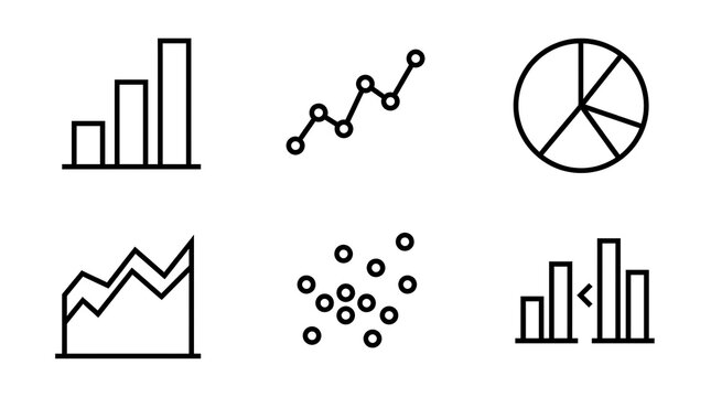 Assorted infographic charts including bar graphs, a line chart, a pie chart, a zigzag trend line, a scatter plot, and a bar comparison chart in a minimalist monochrome style