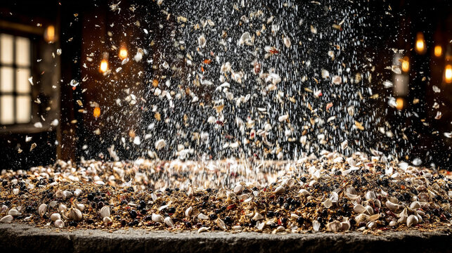 Abundant falling popcorn kernels on a rustic wooden table in a dimly lit cinematic setting