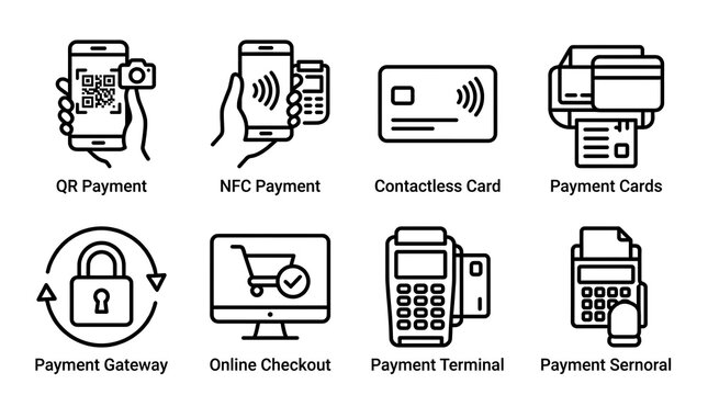 Graphic icons representing various online payment methods, including QR code scanning, NFC communication, contactless card transactions, printed payment cards, 