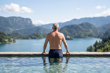 Fototapeta premium Back view of a senior man looking at a mountain lake from an infinity pool