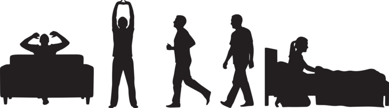 A visual timeline of daily activities shown through silhouettes of a person performing exercise stretching running walking and resting in bed to depict a healthy lifestyle routine