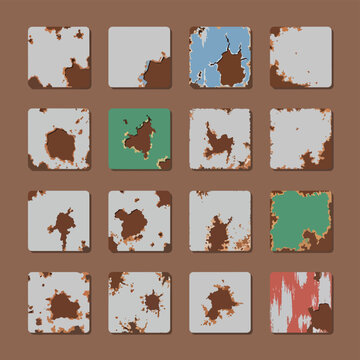 Collection of rusted metal texture squares on display.