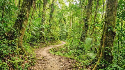 Obraz premium Tropical Rainforest Path Through Lush Green Jungle With Mossy Trees And Ferns