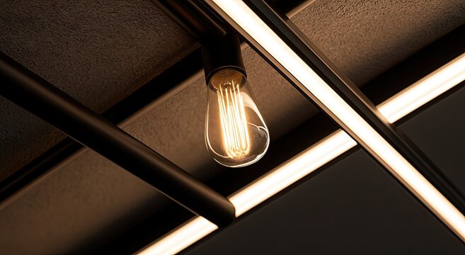 Warm, glowing filament bulb illuminates modern ceiling with linear lights
