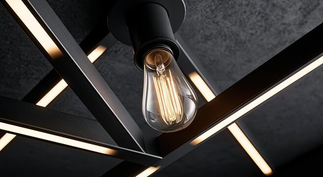 Exposed Edison bulb hangs from dark fixture against concrete with modern light strips