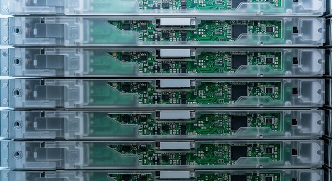 Photorealistic stack of translucent server blades with visible green PCB textures under cool natural lighting