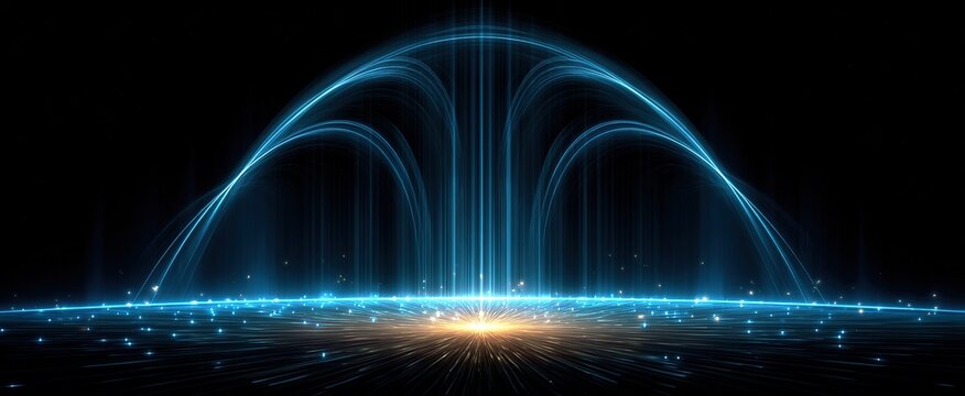 Abstract blue neon light arc glow on dark black background,For tech presentation backdrops, sci-fi banner, digital business poster, gaming graphic, tech website header, futuristic event cover design