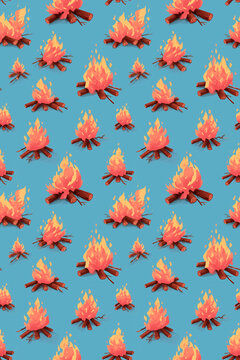 campfires seamless repeating pattern on blue background