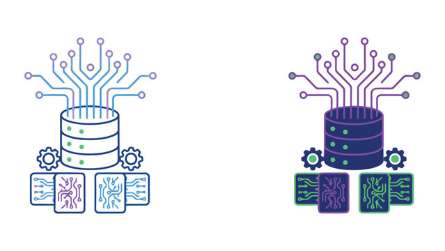 Big data processing and server management icon set with circuit board connectivity and gear automation for enterprise database infrastructure in modern purple and green gradient vector design