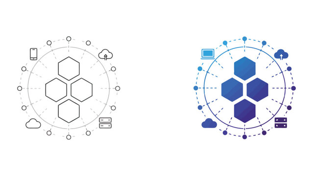 Cloud computing infrastructure network diagram with connected hexagonal server nodes and peripheral devices for distributed systems and modern data architecture concepts in flat vector illustration
