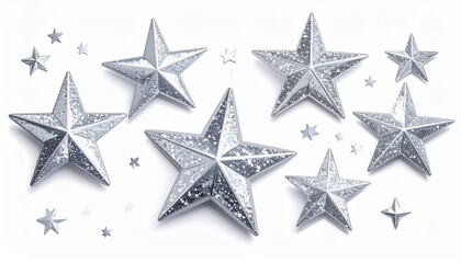 Obraz premium Sparkling silver stars, decorative metallic ornaments, festive holiday decor, isolated on white background