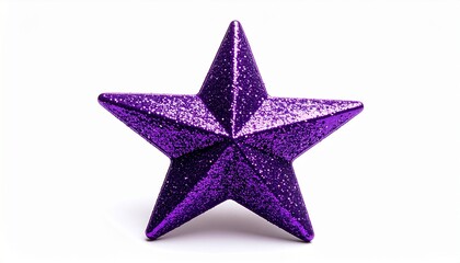 Obraz premium Purple glitter star on white background, decorative shiny star, festive holiday ornament, isolated star shape, glittery star decoration