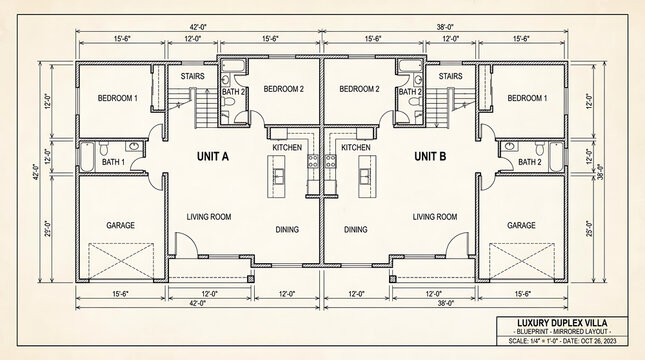 Blueprint floor plan of a luxury duplex villa showcasing mirrored layout with detailed dimensions rooms including living areas kitchens dining spaces bedrooms bathrooms