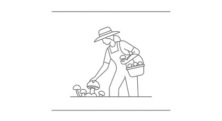 Obraz premium Woman picking mushrooms in a hat, carrying a basket, line art illustration