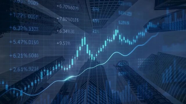 Low angle view of towering skyscrapers with a glowing blue rising stock chart. Conveys corporate success, financial growth, and bullish market trends.