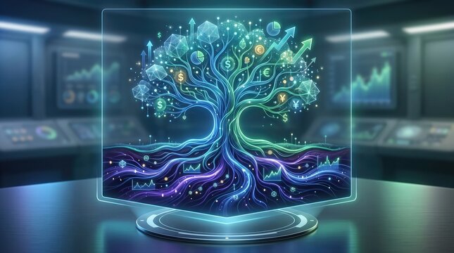 Holographic glowing tree roots with digital growth in futuristic laboratory setting