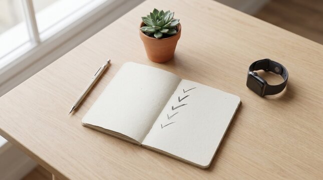 Notebook And Succulent On Desk