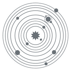 Intricate line art diagram of planets orbiting a star. © NASIKIN