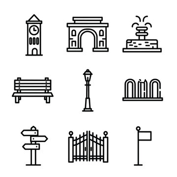 Collection of urban landmarks and street elements.