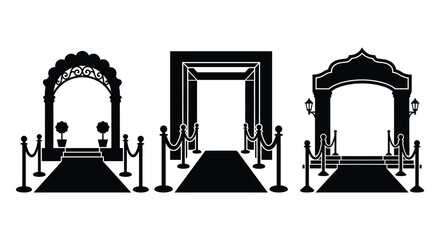 Red carpet event entrance with velvet ropes and architectural arches silhouette archway rope stanchions barriers © Rakib