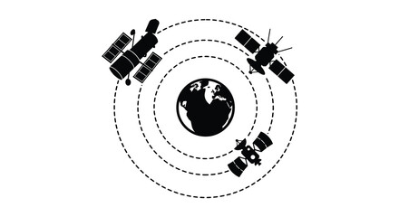 Satellites orbiting earth with dashed orbital paths black and white silhouette satellite spacecraft space exploration © Rakib