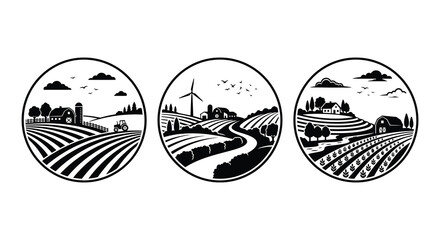 Farm landscape scenes in circular frames black and white silhouette farmland agriculture rural countryside fields © Rakib
