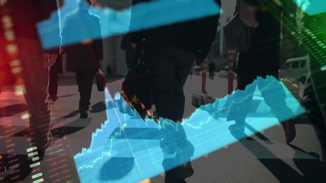 Crowded street with people walking, overlaid with blue rising line charts and stock data. Symbolizes economic growth, public market impact, and consumer trends.