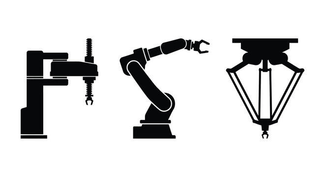 Industrial Robotic Arms In Black Silhouette Against A White Background arm robot automation manufacturing factory