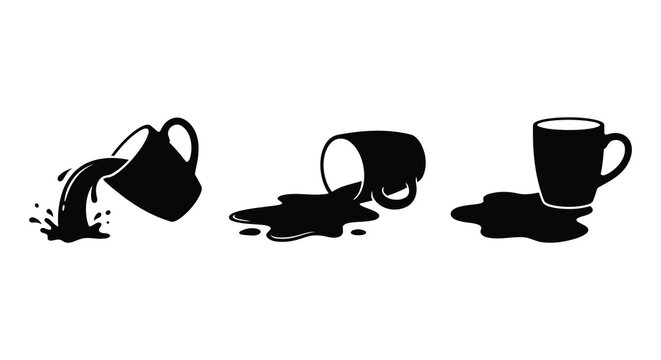 Spilling Coffee Mug Sequence In Black Silhouette cup pouring liquid beverage hot drink caffeine black and white