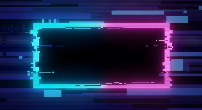Neon glitch frame abstract digital distortion with cyan and magenta lighting effects for modern design