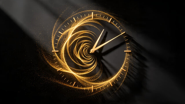 Elegant luxury golden clock face surrounded by a dynamic swirling trail of shimmering glitter particles conceptualizing precious time management and memorable moments.