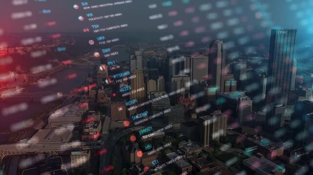 Aerial city view overlaid with stock market indices and virtual trading tickers. Illustrates global trading, financial districts, and corporate economy.