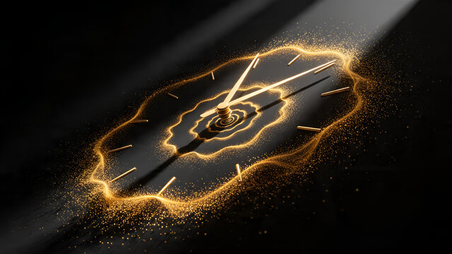 Elegant luxury golden clock face surrounded by a dynamic swirling trail of shimmering glitter particles conceptualizing precious time management and memorable moments.