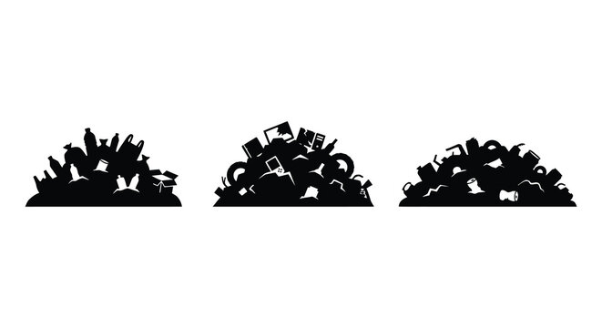 Three piles of refuse and discarded objects black silhouette trash garbage waste rubbish debris litter