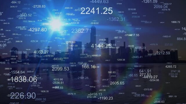 City skyline silhouette over water at sunrise with floating financial numbers. Represents global economy, market growth, and digital business data.
