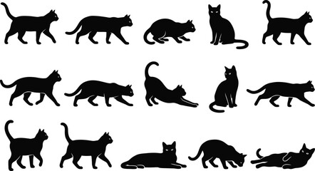 Black cat silhouettes, feline icons, cat shapes, animal graphics, vector illustrations © Rifat