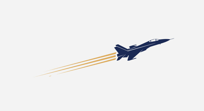 A sleek dark blue fighter jet flying fast with motion lines.