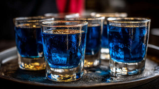 Blue alcoholic shots on a metal tray with alcohol beverage shots glasses blue cocktail drink tray