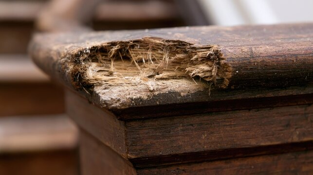 Close-up of decayed, splintered wood on a weathered railing