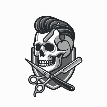 Stylized barber skull emblem with pompadour and crossed scissors.